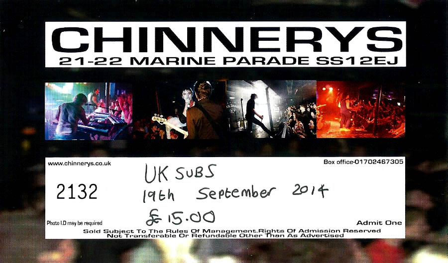 Anti-Nowhere League + U.K. Subs + Hotwired - Live at Chinnerys, Southend-on-Sea, Essex - Friday September 19th, 2014 - Ticket