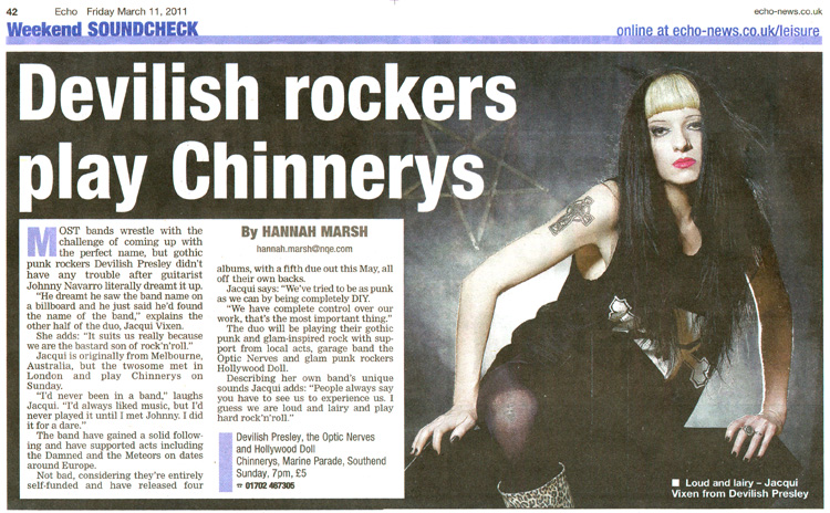 Devilish Presley + The Optic Nerves + Hollywood Doll - Live at Chinnerys, Southend-on-Sea, 13.03.11 - Evening Echo News Report - 11.03.11