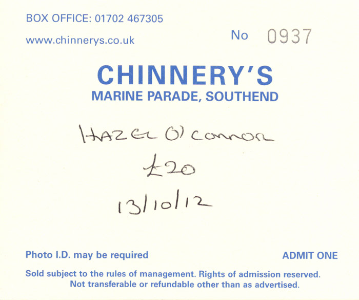 Hazel O'Connor + Tensheds - Live at Chinnerys, Southend-on-Sea, Essex - Saturday October 13th, 2012 - Ticket
