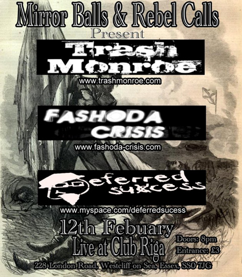 'Mirror Balls & Rebel Calls' - Trash Monroe + Fashoda Crisis + Deferred Success - Live at Club Riga - 12.02.10 - Poster #1