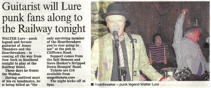 Walter Lure + Steve Hooker Stripped Down Stompin' Band - Live at The Railway Hotel, Southend-on-Sea, Essex on Wednesday September 16th, 2015 - Evening Echo News Report