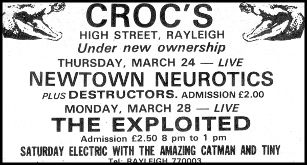 The Newtown Neurotics + The Destructors - Live at Crocs - 24.03.83 - Press Advert