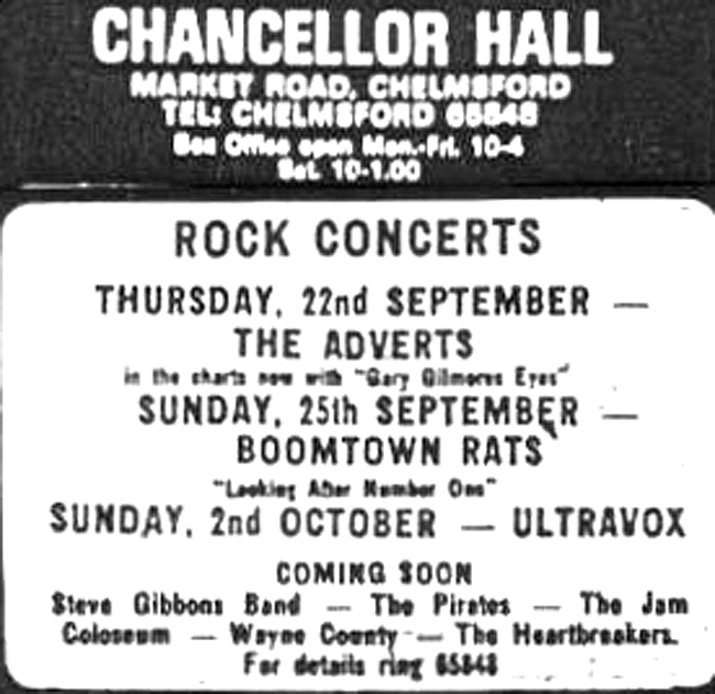 Chancellor Hall Forthcoming Gigs 1977 - Advert