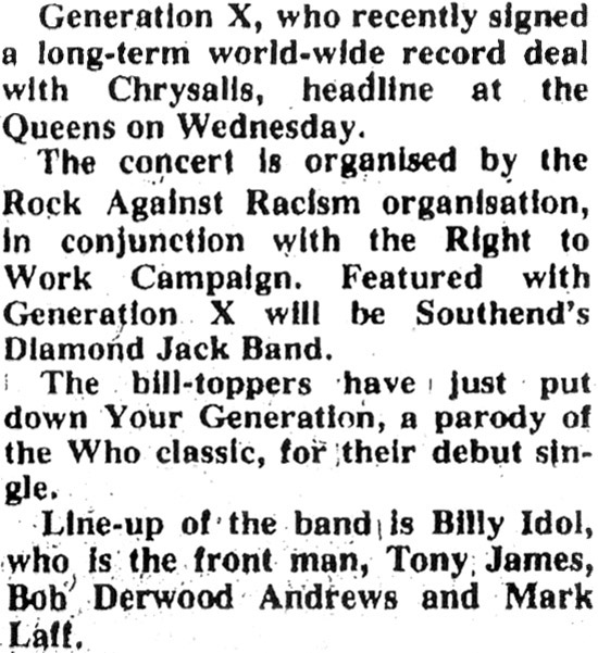 Southend Punk Rock History - Places - The Queens - 'Generation X' - Evening Echo - 08.08.77