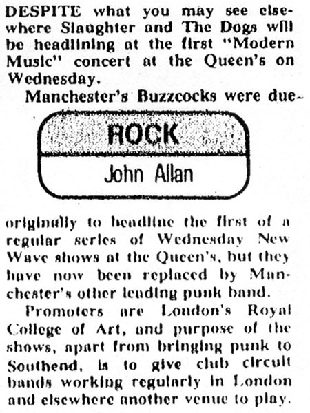 Southend Punk Rock History - Places - The Queens - 'Slaughter and The Dogs Gig Announcement' - Evening Echo - 25.07.77