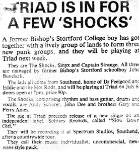 The Shocks Live at The Triad, Bishops Stortford - Newspaper Article