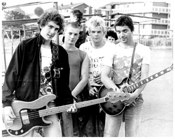 The Decibels: First Line Up L-R: Andi, Perry, Pete and Gary - Outside Shrimpers, Roots Hall, 1979